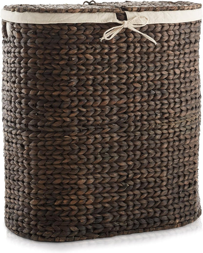 Casafield Oval Laundry Hamper with Lids and Removable Liner Bags - Espresso, Woven Water Hyacinth 2-Section Laundry Basket Sorter for Clothes and Towels