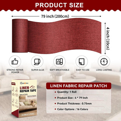 Linen Repair Tape 4x79 inch, Self Adhesive Fabric Patches, Linen Patch Tape Kit, Fabric Repair Tape for Couch Sofas, Headboards, Chairs, Pillows, Curtains, Couches - Dark Red
