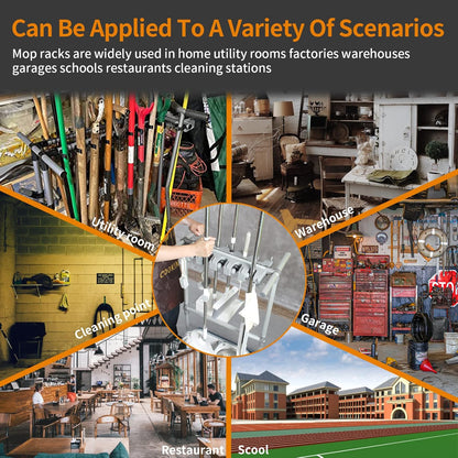 Broom mop holder cleaning supplies organizer janitorial carts on wheels housekeeping station storage tools for garage, garden, closet, cabinet.