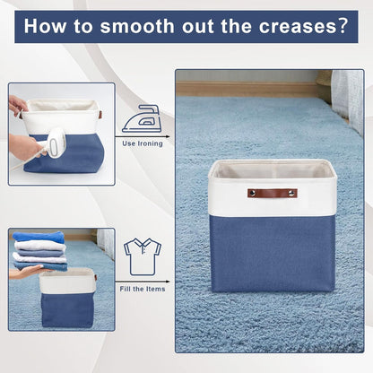 13x13 Cube Storage Bins, Collapsible Fabric Storage Box, 4 Pack Closet Baskets with Handles for Organizing, Shelf, Toys, Clothes, Home, Office, Nursery (NavyBlue&White)