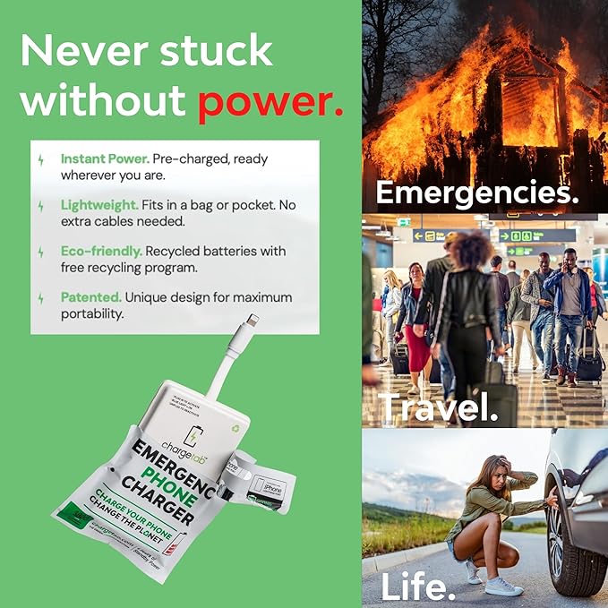 ChargeTab Emergency Portable Charger Compatible with iPhone—10 Pack Lightning Pre-Charged 3000mAh Power Packs, Slim & Lightweight with 2-Year Shelf Life, iPhone 14 and Older Models