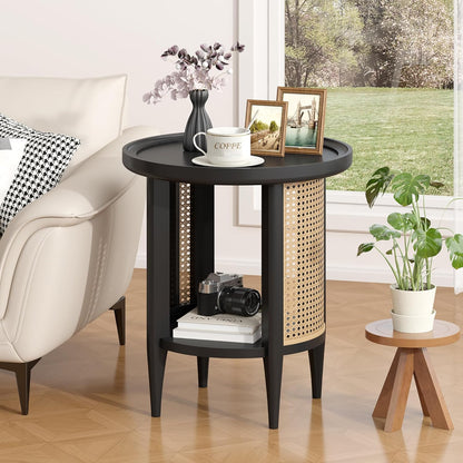 Yusong Round End Table Rattan Side Table with Solid Wood Legs, Boho Style Nightstand Bedside Table with 2-Tier Shelves, Small Coffee Table for Living Room Bedroom Small Spaces Black