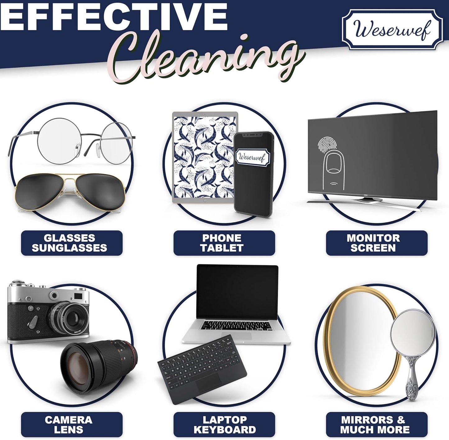 WESERWEF Design Microfiber Glasses Cleaning Cloth – Premium Cleaning Cloth for Eyeglasses, Screens, Tablets, Cameras & Lenses, 12" x 12", Ultra-Soft & Scratch-Free (Whales)