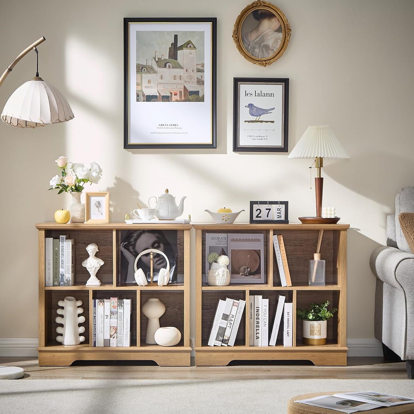 Farmhouse 5 Cube Bookshelf, Storage Organizer Bookcase, Kids Toy Storage Cabinet, Small Bookshelves Storage Organizer Shelf, Wood Display Cabinet Book Shelves for Bedroom,Living Room,Natural Oak