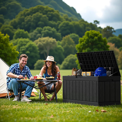 Devoko 80 Gallon Deck Box, Waterproof Resin Outdoor Storage Box for Outside and Patio, Outdoor Storage Bench Lockable for Patio Furniture, Garden Tools and Pool Supplies (Black, 80 Gallon)