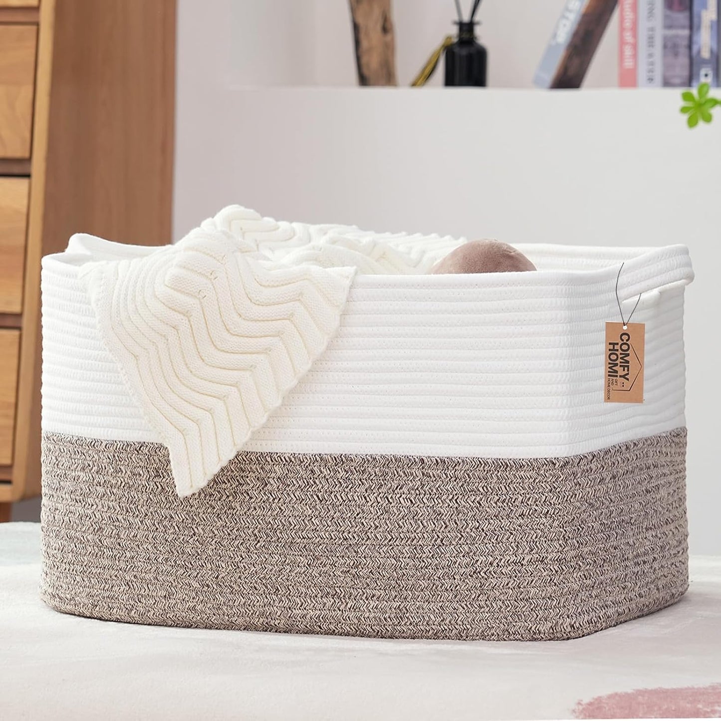 COMFY-HOMI Large Laundry for Organizing|Rectangle Cotton Rope Storage with Handles|Blanket for Living Room|Woven Laundry for Towels, Toys, Clothes-22x15x12”-White/Brown