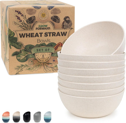 Grow Forward Premium Wheat Straw Bowls - 34oz Microwave Safe Plastic Cereal Bowls Set of 8 for Kitchen, Camping, RV, Dessert, Snack, Soup, Salad, Fruit - Reusable, Unbreakable & BPA Free - Sahara