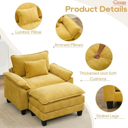 URRED Modular Sectional Sofa Comfy Cloud Couch, Modern Chenille Sofa Sleeper Deep Seat Couches with Ottoman/Pillows for Living Room (Yellow, 53''- Ottoman)