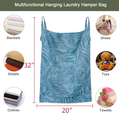 Linen Hanging Laundry Bag, 100% Linen Leaf Print Over The Door Laundry Hamper with Buttons and Zipper, Space Saving Door Hampers for Laundry Dirty Clothes Home Travel, Blue, 19.7x27.5inches