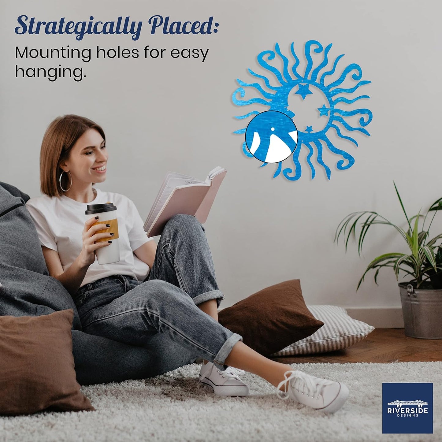 Riverside Designs Wacky Solar Moon Metal Wall Art Steel Outdoor Decor | Heavy-Duty and Waterproof | Made in USA (Teal, 24L x 24W)