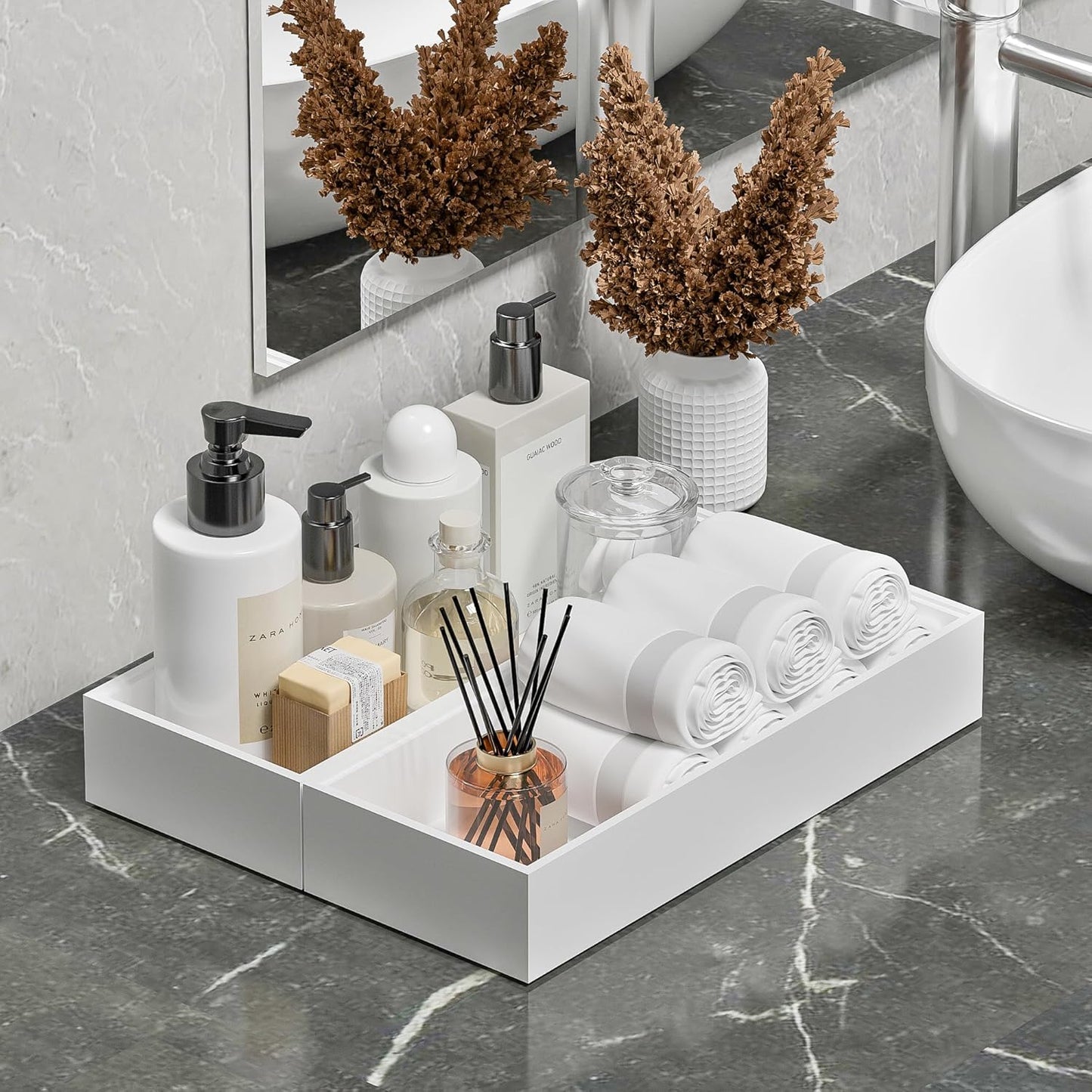 Kitchen Drawer Organizer Bins, Stackable Deep Bamboo Drawer Organizer for Silverware, Utensils, Cutlery, Flatware, Junk, Dresser, Bathroom, 15" x 6" x 2.5" (Set of 2)