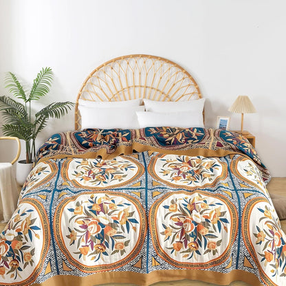 Boho Throw Blanket for Bed - 100% Pure Cotton Ultra Soft Rustic Quilt - Farmhouse Decor Bed Blankets, All Season Rustic Throw for Sofa Couch Chair(91''x 98'', Floral)
