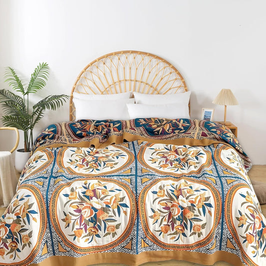 Boho Throw Blanket for Bed - 100% Pure Cotton Ultra Soft Rustic Quilt - Farmhouse Decor Bed Blankets, All Season Rustic Throw for Sofa Couch Chair(91''x 98'', Floral)