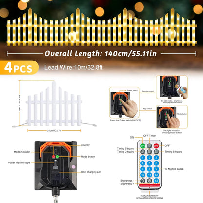 Hopolon 4 Pack Solar Garden Lights Outdoor, 11.1in (H) X 4.6ft (L) 144 Led White Picket Fence Border Solar Powered with Remote, Decorative Christmas Lights for Tree Yard Pet Barrier