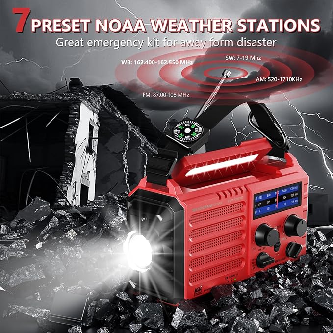 Emergency Solar Hand Crank Radio, AM/FM/SW NOAA Weather Alert Radio, Flashlight, Reading Lamp, SOS Alarm for Survival Home Outdoor Hurricane