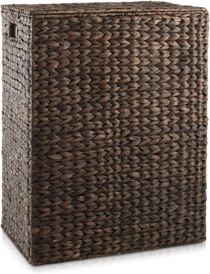 Casafield Large Laundry Hamper with Lid and Removable Liner Bag - Espresso, Woven Water Hyacinth Rectangular Laundry Basket Sorter for Clothes and Towels