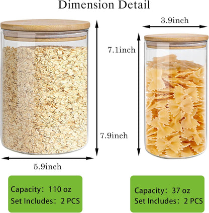 Glass Storage Jars Set Elegant Containers with Airtight Bamboo Lids, Perfect for Kitchen Organization - Flour, Rice, Pasta, Sugar, Coffee Beans (2 packs(37oz) / 2 packs(111oz))