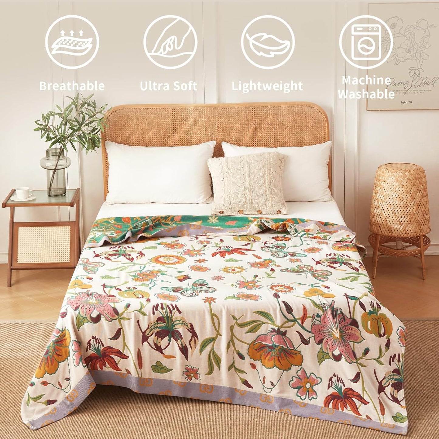 Cotton Throw Blanket Pure Cotton Floral Pattern Large Throw Blanket for Bed Summer Blanket Throw Farmhouse Decor Sofa Cover Bed Decoration (80"x90",05-Butterfly and Flower)