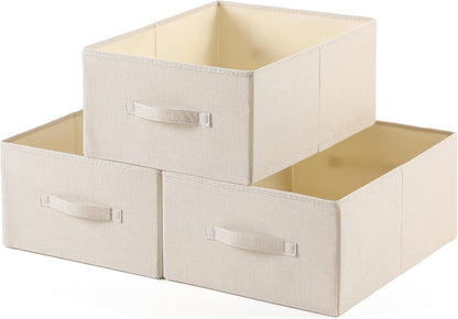 Linen Folding Storage Bins, 3 Pack Large Storage Baskets, Washable, Clothing Storage Bins with Handle, Closet Organizer for Storage Sweater,Sheets(Beige, 18½"x13½"x8½")