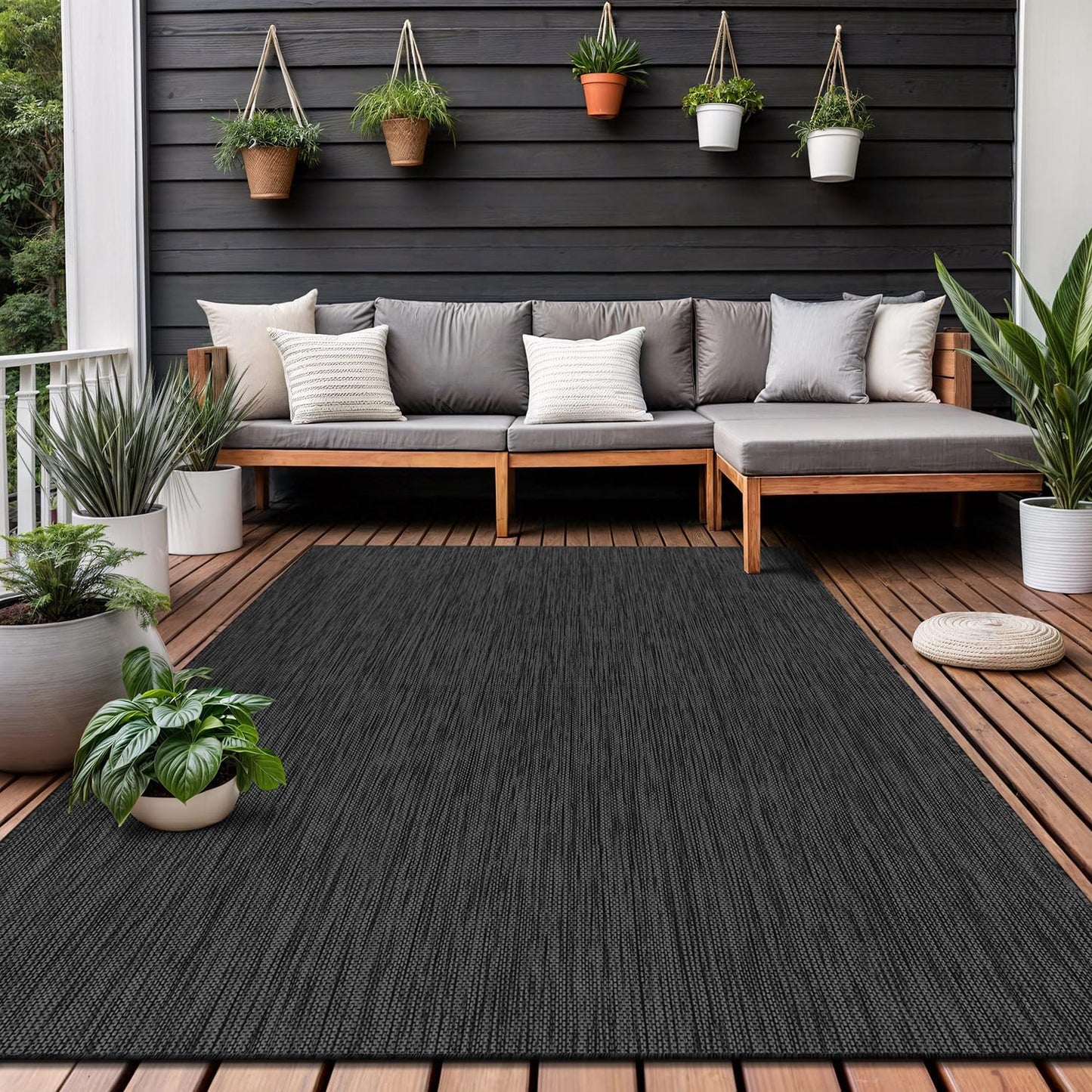 Washable Indoor Outdoor Rug 8x10 Weather Resistant Area Rugs Modern Solid for Porch Deck Balcony Backyard Patio Outside Carpet (8 X 10 Dark Grey)