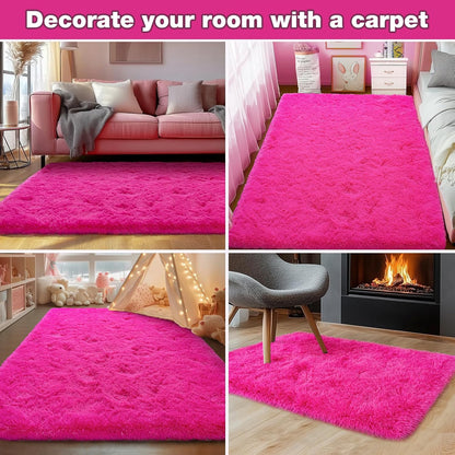 Rezutan Ultra Soft Fluffy Hot Pink Rugs for Bedroom, 4x6 Feet Fluffy Shag Area Rugs for Living Room and Girls Kids Baby Room Decor, Non Slip Nursery Modern Indoor Fuzzy Floor Bedside Carpet