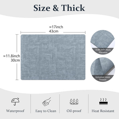 FROMHEART Faux Leather Placemats Set of 12–Waterproof,Heat/Oil Stain-Resistant PU Table Mat–Reversible,Non-Slip,Easy to Clean Place Mats for Kitchen,Dining,Indoor/Outdoor,(Light Blue,11.8" x 17")