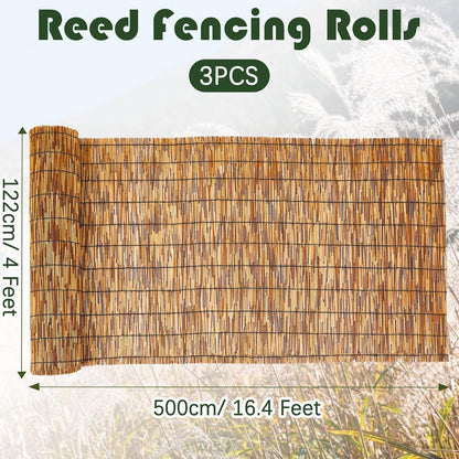 Barydat 3 Pcs 3 x 16.4 ft Bamboo Privacy Screen, Reed Fence Roller Patio Decorative Fences Reed Screen Curtain for Garden Backyard Patio Balconies