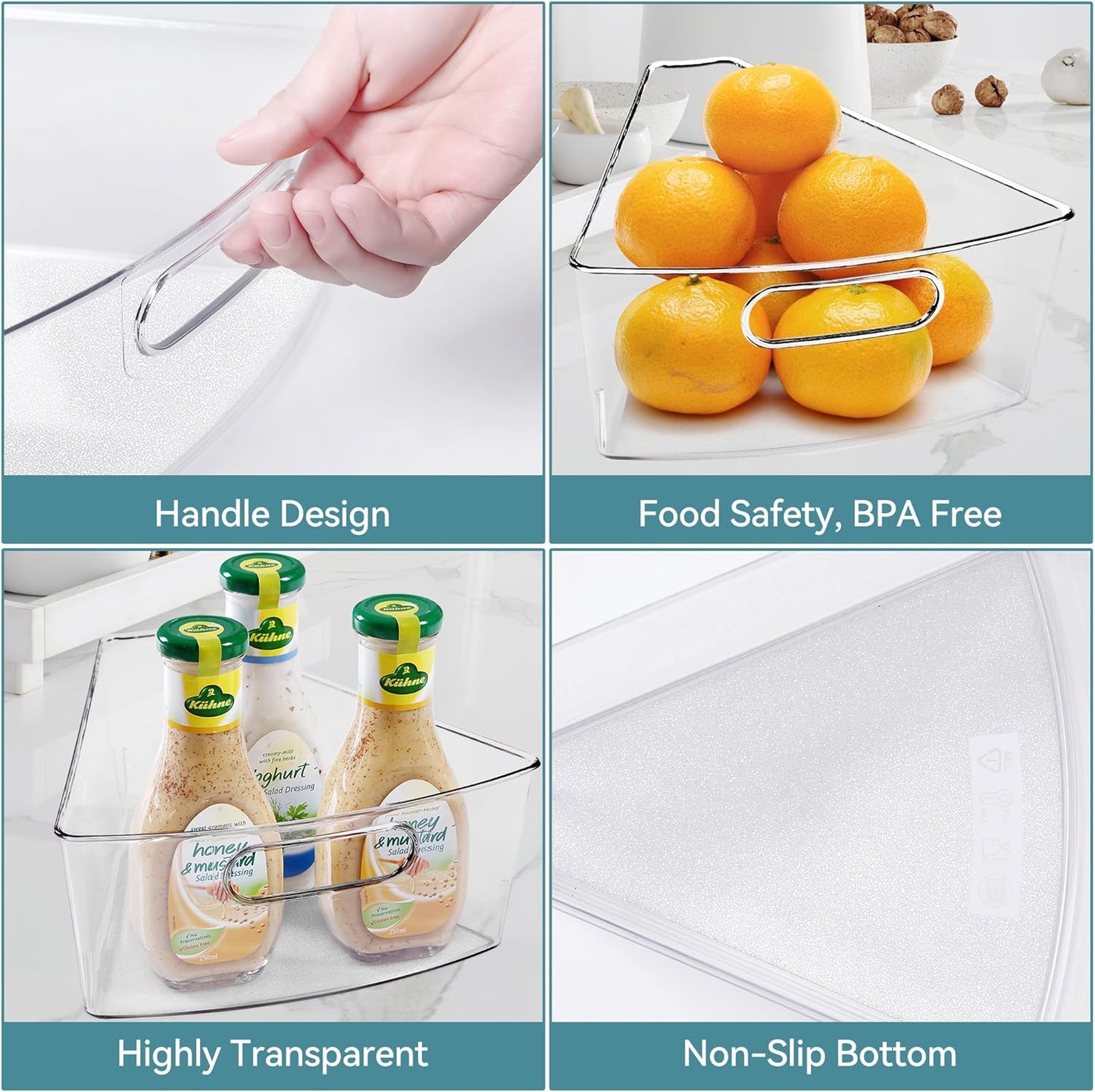 Oubonun Lazy Susan Organizers Set of 6, 12.8’’ x 11.7’’ x 4’’ Plastic Transparent Kitchen Cabinet Storage Bins with Handle, 4" Deep Container, 1/8 Wedge - Food Safe, without BPA