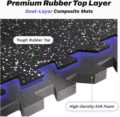 AIRHOP 0.56in Thick 48 Sq Ft Exercise Equipment Mats, 12 Tiles Upgraded Rubber Top with High Density EVA Foam, Large Interlocking Puzzle Gym Flooring for Home Gym, Heavy Weight Workout, 24 x 24in