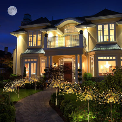 Solar Outdoor Warm White Garden Lights, 4 Pack Firework With 120 LED Starburst String 8 Modes Fairy With Remote, for Wedding Christmas, Lawn Backyard Party Patio Decoration