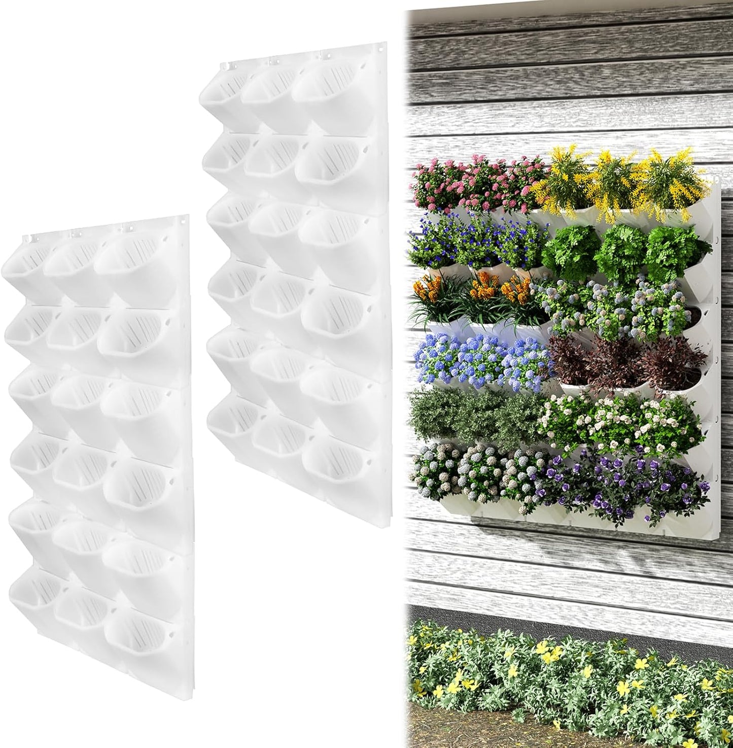 Self-Watering Vertical Wall Planter, 36 Pots Wall Mounted Garden for Indoor/Outdoor, Stackable Planter, Includes Panels, for Herbs, Flowers & Vegetables (White)