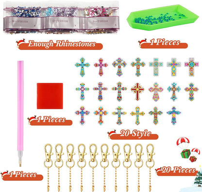 Henoyso 20 Pcs Diamond Art Painting Keychains Kits for Adults 5d Double Sided Cross Shaped Diamond DIY Painting Keychains Gem for Beginners Kids Adults DIY Crafts Decor Gift Party(Cross)