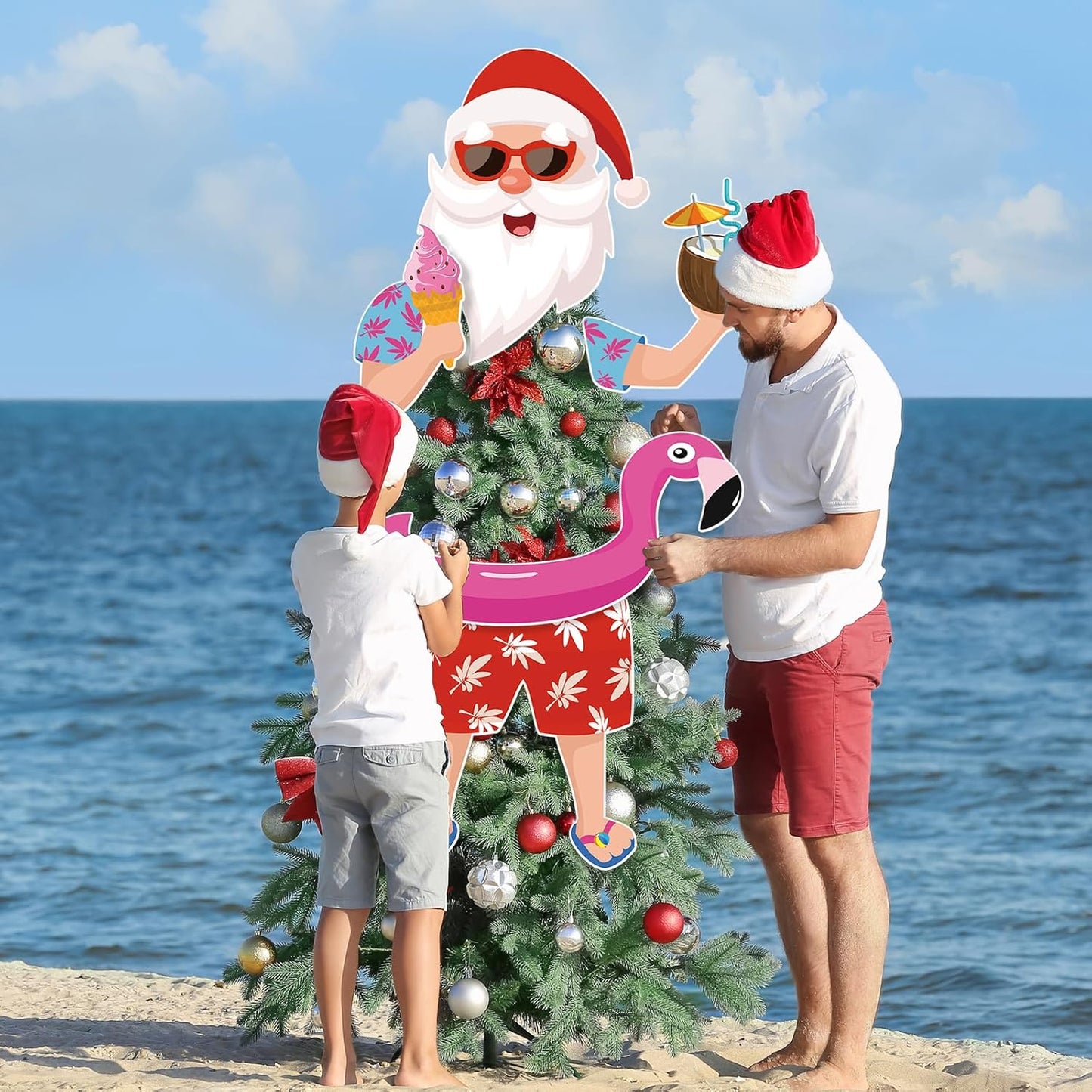 Christmas Tree Topper Hawaii Christmas Decoration Santa Claus Tree Topper Flamingo Ice Cream Coconut Head Arms and Legs Xmas Ornament Decor for Home Party Supplies