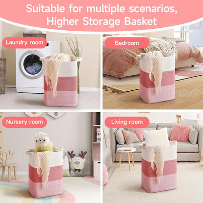 CLHMILY&Z 75L Laundry Hamper Rectangular Pink Rope Basket - 16x13x22 Inches - Dirty Clothes Storage Soft Organizer Bin for Blankets, Toys, and Nursery Essentials