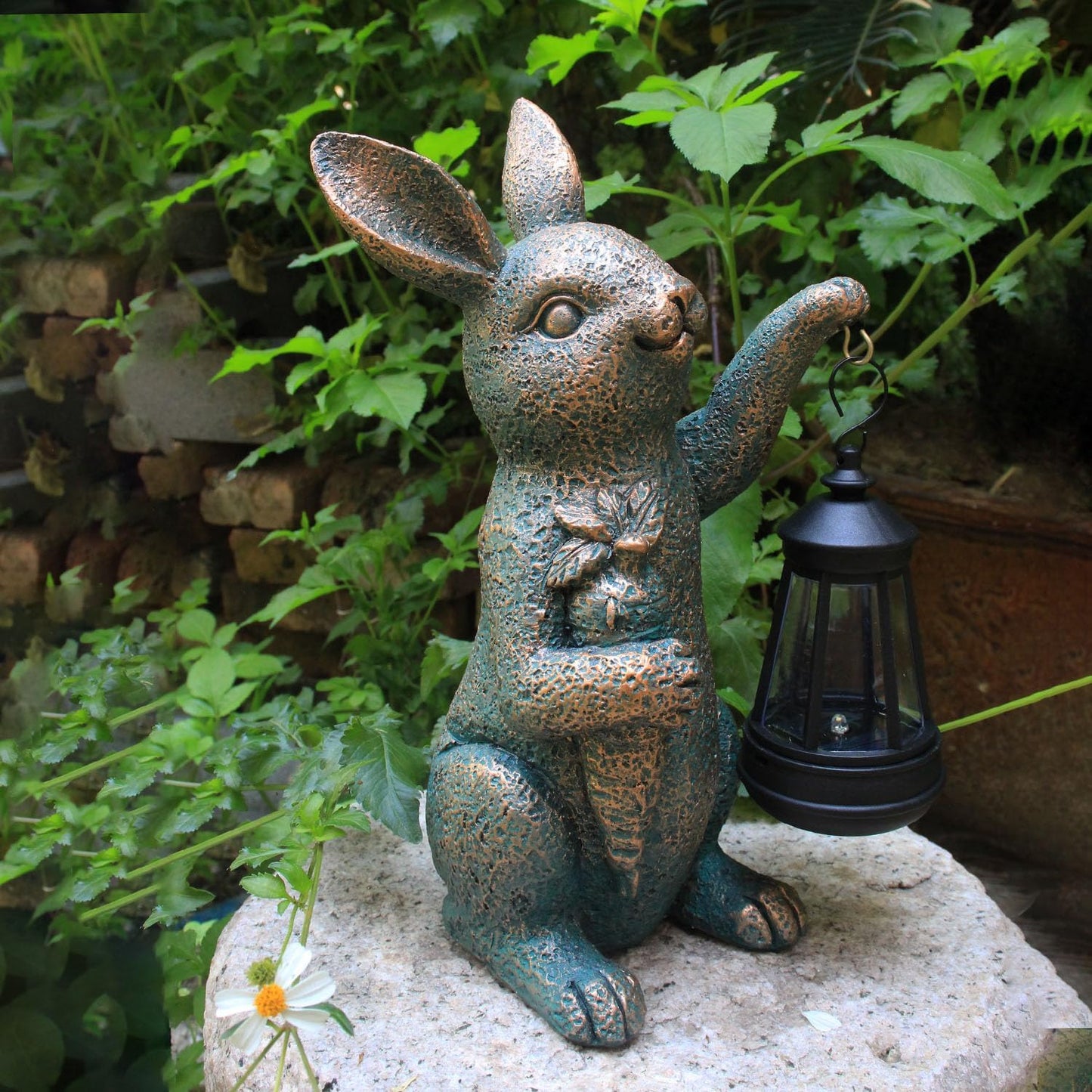 Solar Garden Statues -Rabbit Lantern Outdoor Handmade Resin Statue with LED Light, Cute Carrot Holder for Patio, Yard, Gift Ideas (rabbit2)