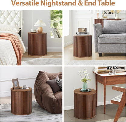 AVZEAR Small Round Side Table Fluted Night Stand Set of 2, Mid Century Modern End Table with Storage, Circle Bedside Tables Wood Nightstands for Small Spaces, Living Room, Bedroom (Walnut)