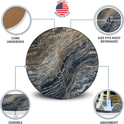 Emerson Coasters for Drinks Absorbent – Natural Stone Drink Coasters Set with Holder, Coasters for Coffee Table, Wooden Tabletop Protection Marble Style – 100% Heavy Duty Set of 6 (Lava)