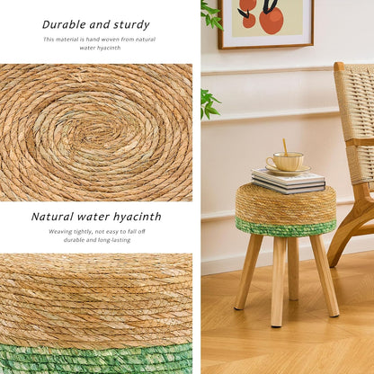 Handwoven Outdoor Ottoman, Water Hyacinth Pouf Round Patio Footstool with Wood Legs, 17-Inch Multipurpose Vanity Stool, Dining Chair, Patio Footrest for Balcony and Garden, Green
