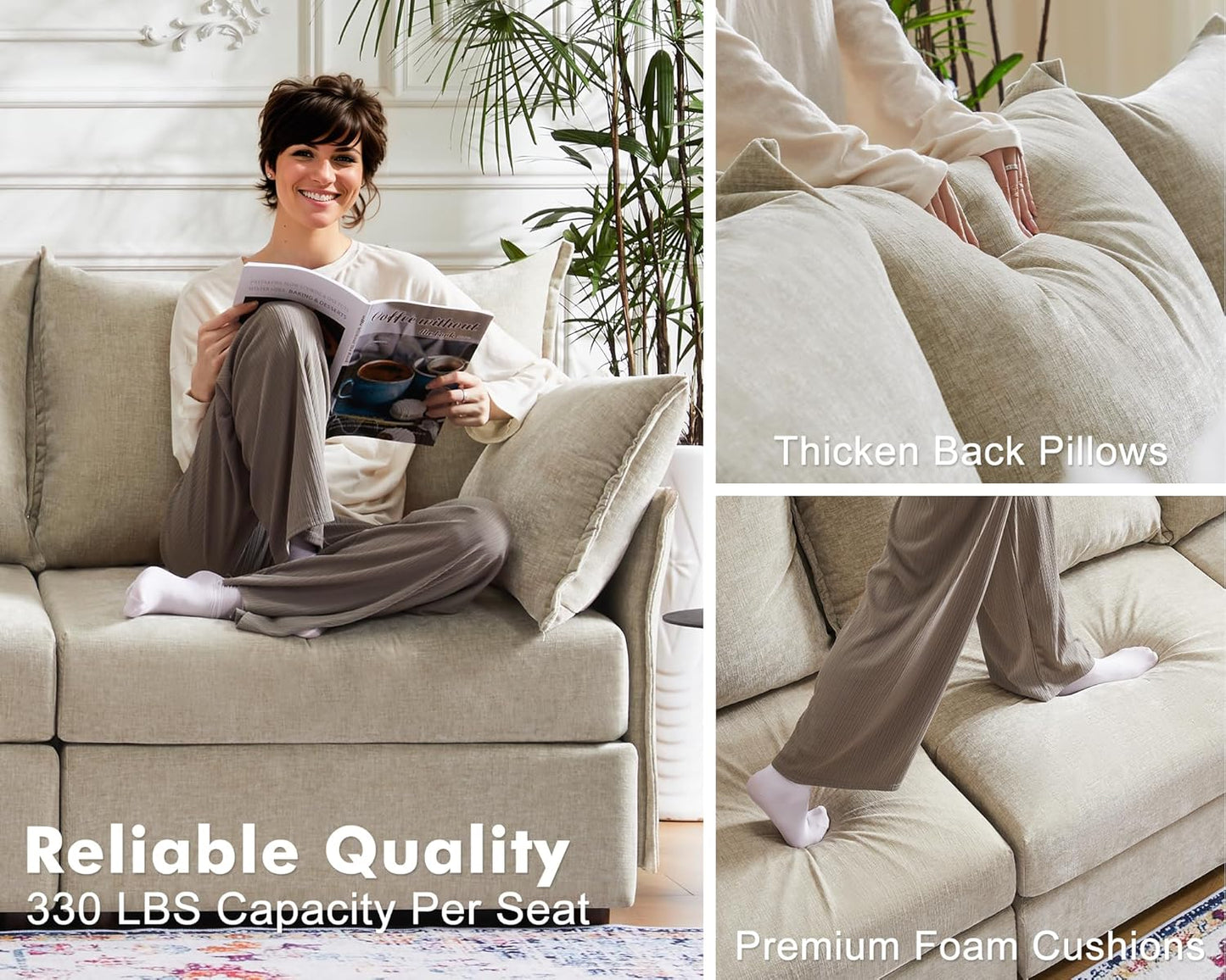 Oversized Loveseat Sofa, Modern Modular Sectional Couch Beige Fluffy Chenille Mid Century 2-Seat 24.5" Deep Seat for Apartment, Living Room, Bedroom