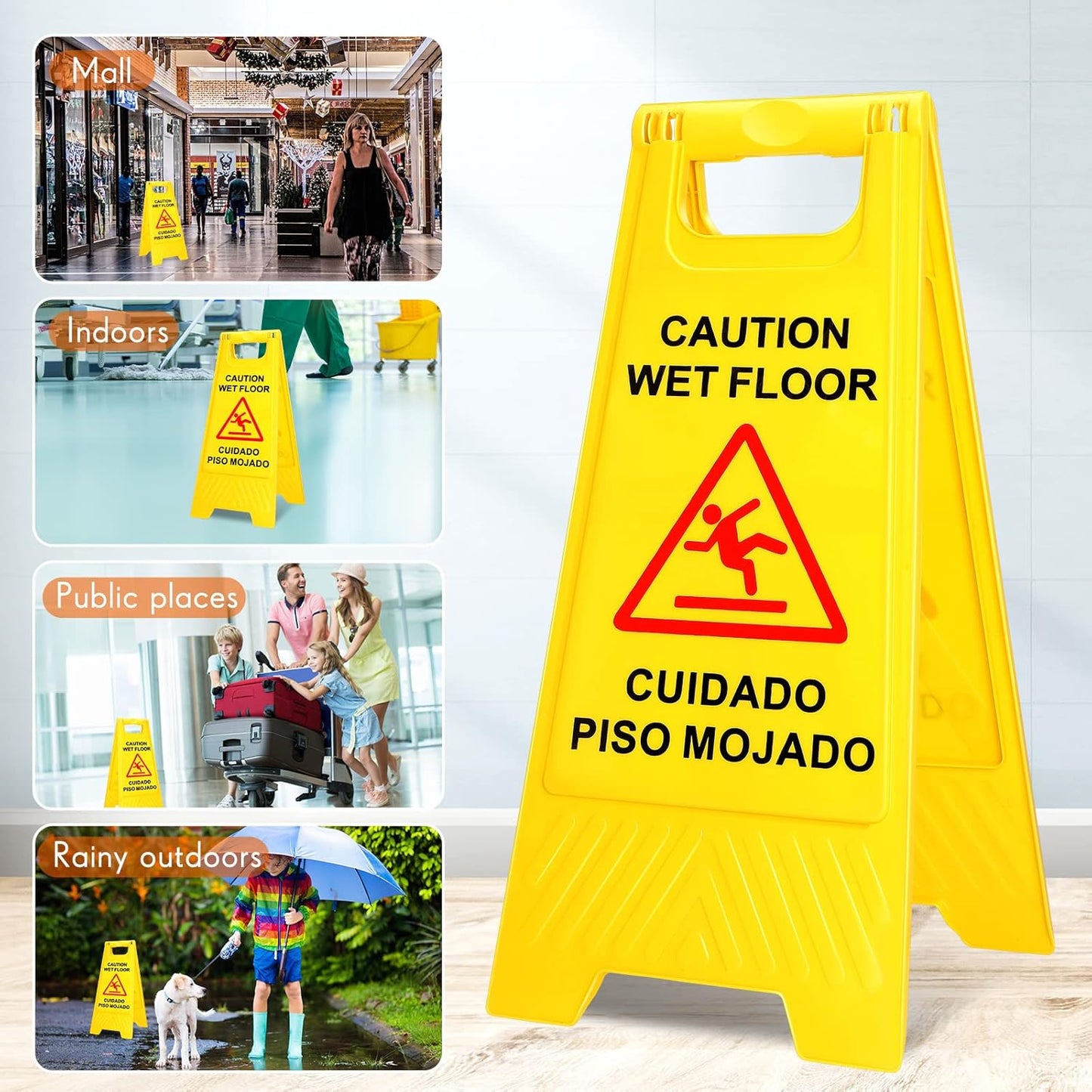 Macarrie 20 Pack Caution Wet Floor Sign Yellow Wet Floor Double Sided Signs Cuidado Piso Mojado Foldable Bilingual Alert Sign for Commercial Use Indoors Outdoors, 11.5 x 23.62 Inches