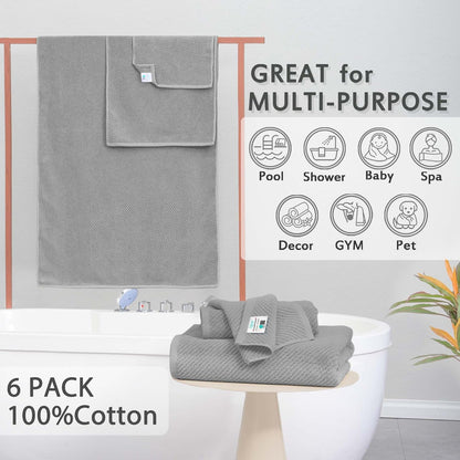 VOOVA & MOVAS Grey Bathroom Towel Sets - 100% Cotton | Lightweight | Quick Dry | Thick | Soft, 6 Piece Towel Set, 2 Large Bath 30"x56", 2 Hand 18"x28", 2 Washcloths 13"x13", Bathroom Essentials, Gray