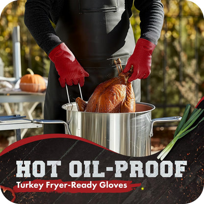 KITCHEN PERFECTION XL Silicone Smoker Oven Gloves-Extreme Heat Resistant BBQ Gloves-Handle Hot Food Right on Your Grill Fryer&Pit|Waterproof Grilling Cooking Baking Mitts|Superior Value Set+3 Bonuses