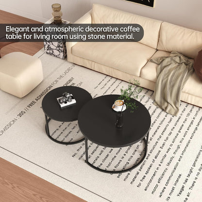 Coffee Tables for Living Room, Black Modern Decorative Coffee Center Table Set of 2, Sintered Stone Top & Sturdy Metal Base,for Living Room, Bedroom, Apartment