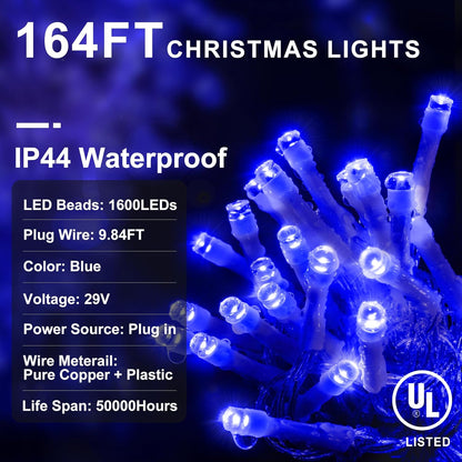 KNONEW 164FT 1600 LED Christmas Lights Outdoor Decoration Blue Timer 8Modes Hanging Fairy String Lights with 320 Drops, Plug in Waterproof Indoor Decor for Holiday Wedding Party Window Garden