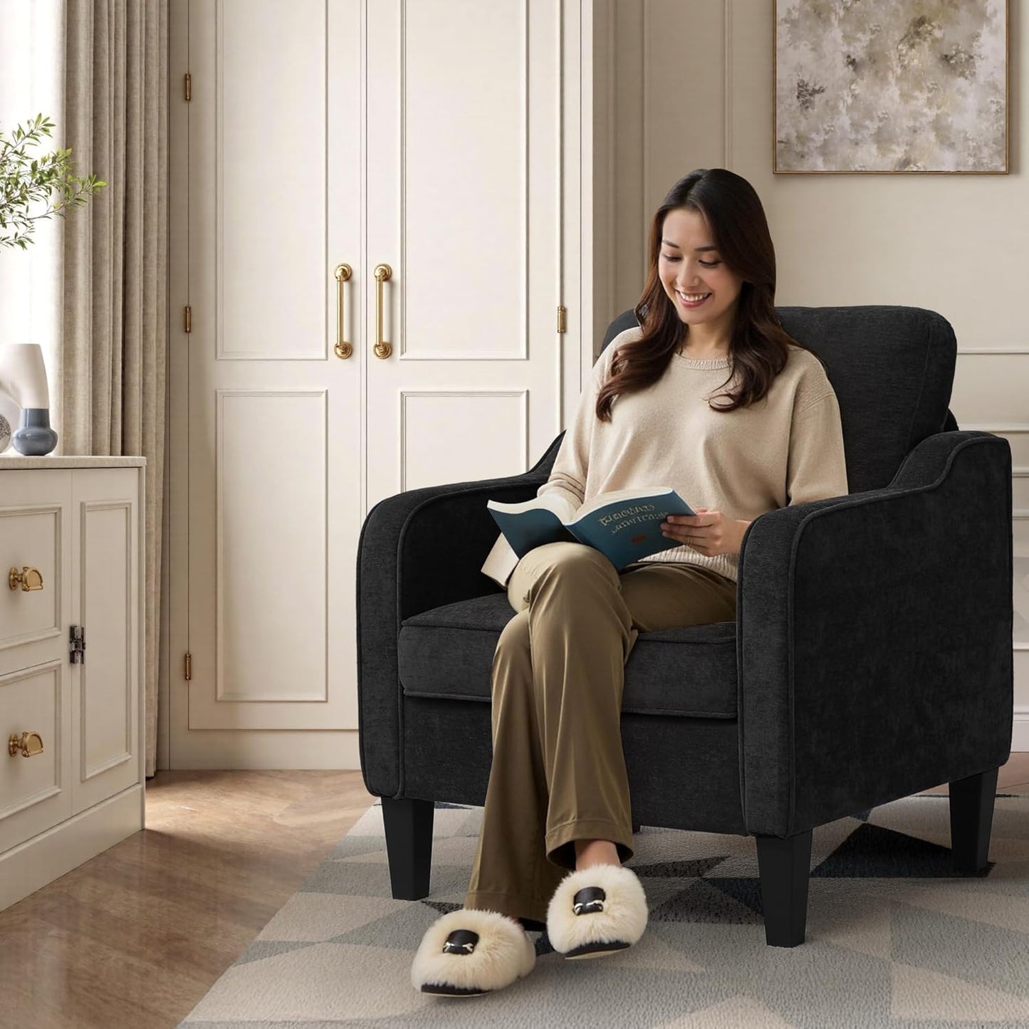 Accent Chairs Set of 2, Upholstered Living Room Chairs with Side Pockets, Mid Century Modern Reading Chair for Bedroom, Comfy Armchair Single Sofa Side Chair for Office, Small Room, Black