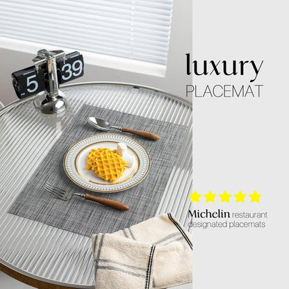 LEXMORE Placemats Set of 6 Vinyl/Plastic Woven Place Mats for Kitchen Table Indoor/Outdoor Washable Placemat Wipeable Dining Table Mats(A-Dark Gray)