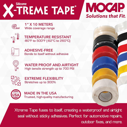 X-Treme Tape MOCAP Heavy Duty Electrical Tape, Self-Fusing Silicone Rubber, Waterproof & Insulating Flexible Tape, Electrical for Hose, Automotive, Outdoor & Repairs - 1" x 10ft Roll - Black