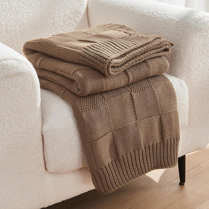 CozeCube Check Knit Throw Blanket, Light Brown Checkered Throw for Couch, Decorative Christmas Soft Cozy Warm Knitted Blanket for Bed Sofa Living Room, 50"X60"