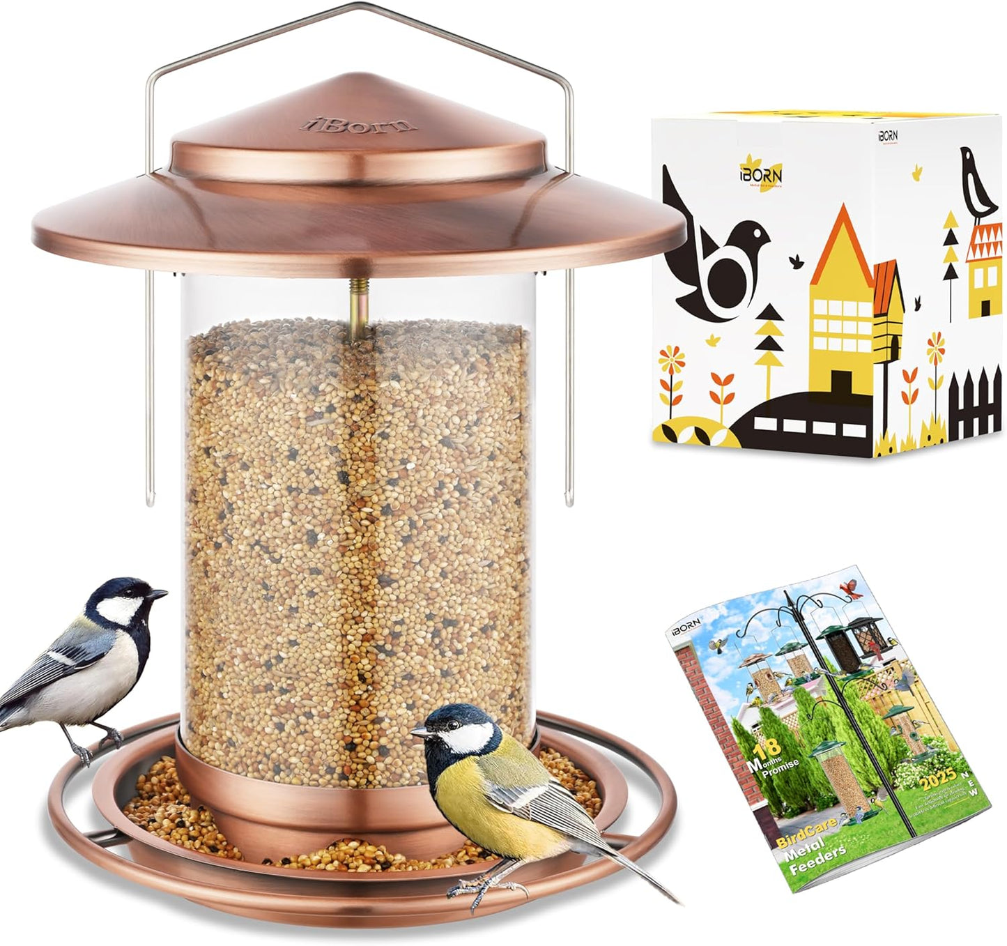 iBorn Bird Feeders for Outdoors Hanging,Metal Bird Feeders for Cardinal Chew Proof 18cm Large Roof&Tray Birdfeeders Outside Hanging,Brushed Copper 6 Port (Seed is not Included)