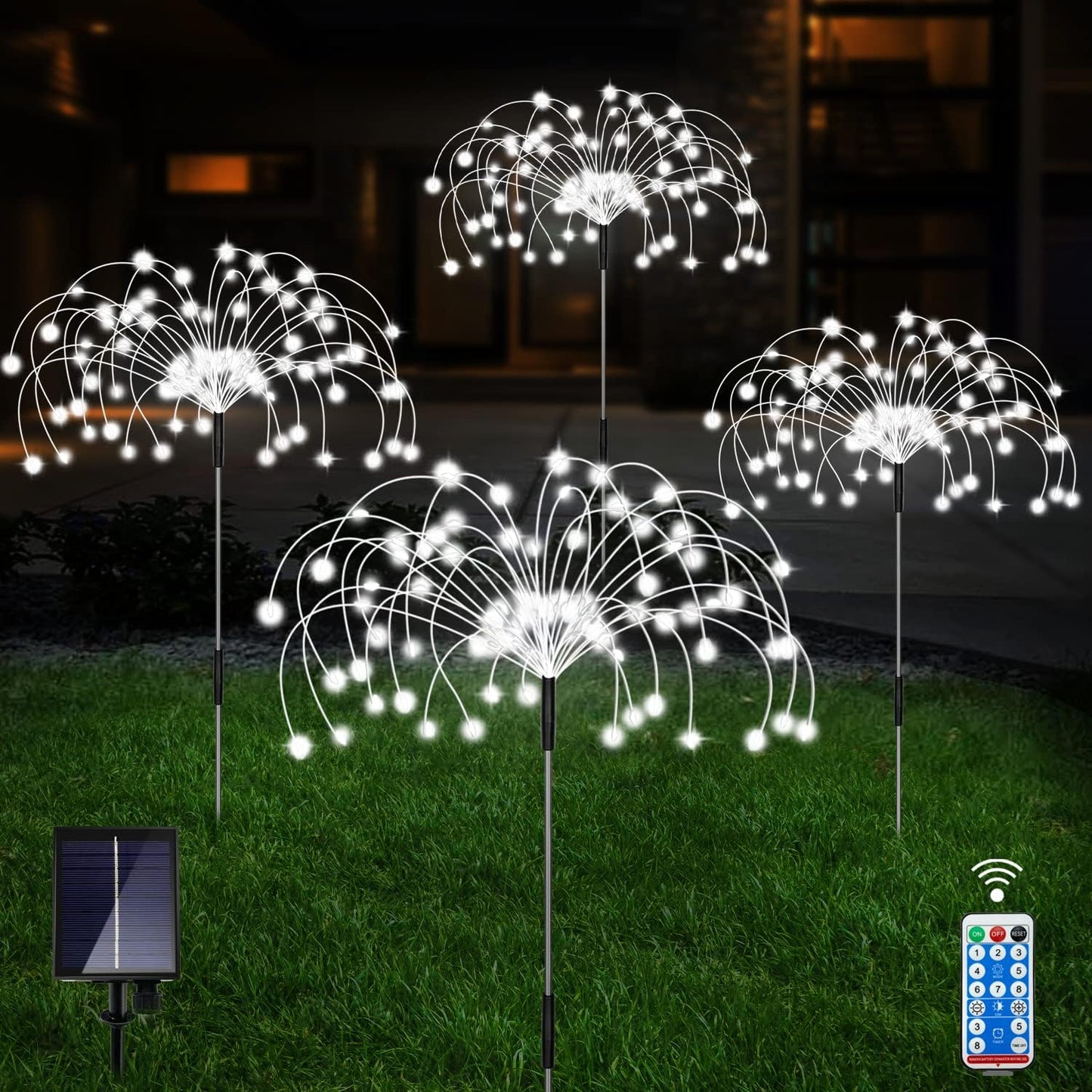 Unihoh Solar Garden Lights Outdoor, 4 Pack 120 LED Waterproof Decorative String Lights 8 Modes with Remote DIY Outdoor Decor for Pathway Walkway Yard (Cool White)